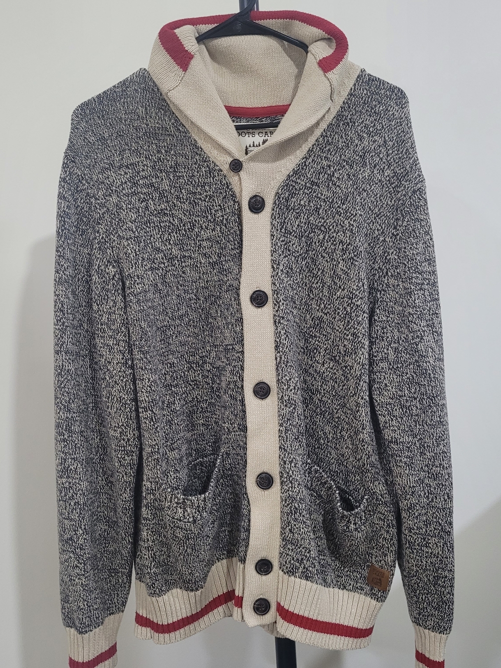 Roots Men's Shawl Collar Cardigan Sweater - Black, Cream & Red Accents